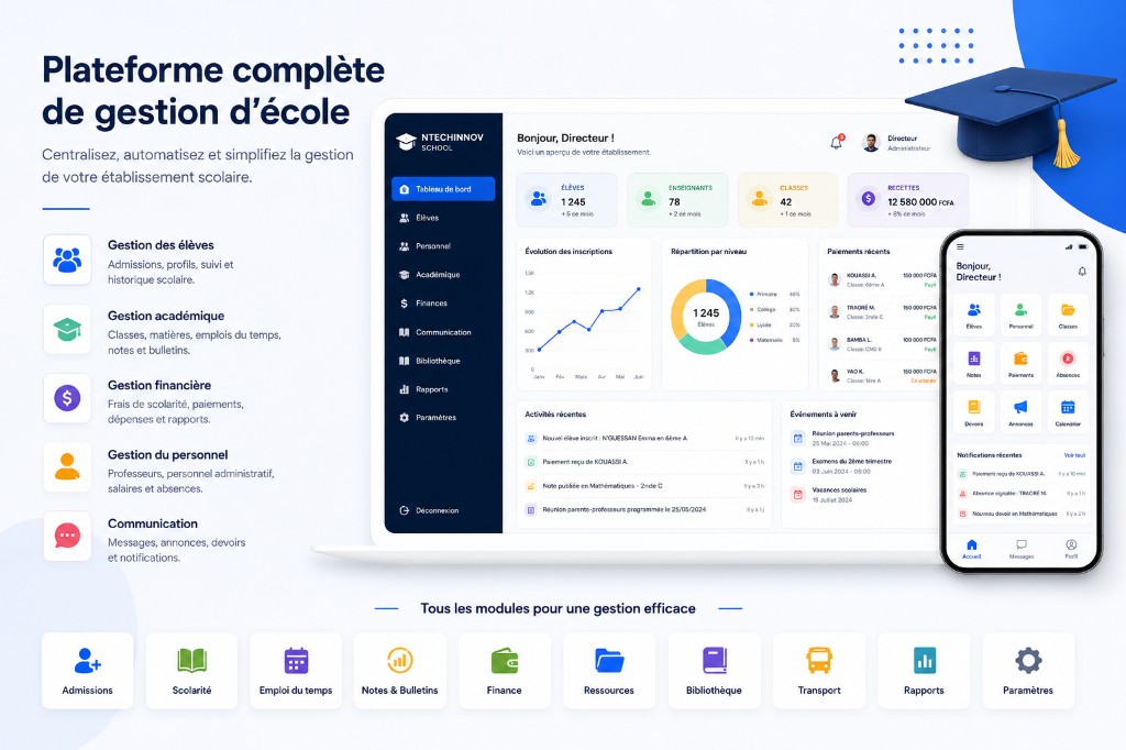 Aperçu NTechInnov School — plateforme de gestion d'école